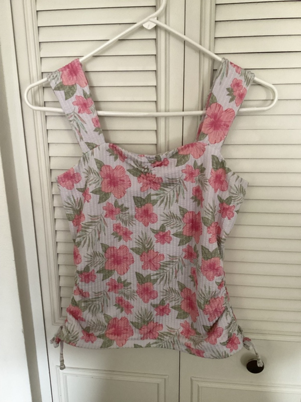 Justice Pink Floral Ribbed Tank Top with Green Leaves